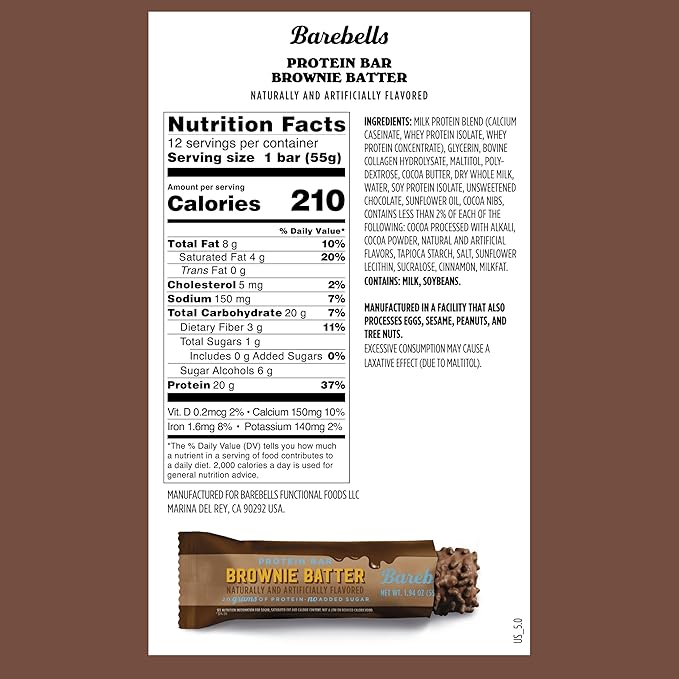 Barebells Protein Bar Brownie Batter – 55g High Protein Chocolate Bar – Low Sugar Brownie Flavor Snack – On-The-Go or Post-Workout Treat