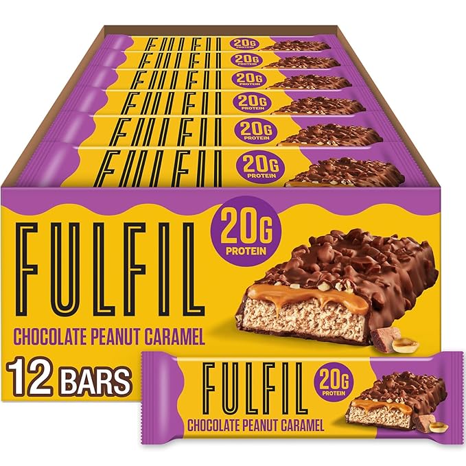 FULFIL Protein Bars Chocolate Peanut Caramel Flavored Gluten Free with 20g Protein Pantry Staples 12 Count