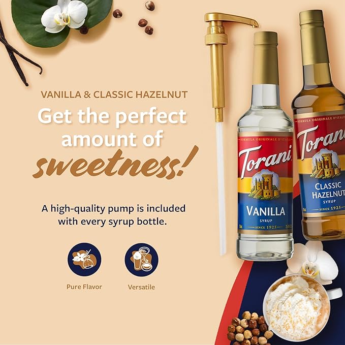 Torani Syrups Classic Hazelnut and Vanilla Syrup Variety 2-Pack Coffee Syrups for Drinks Pumps Included 25.4 Fl Oz Ea