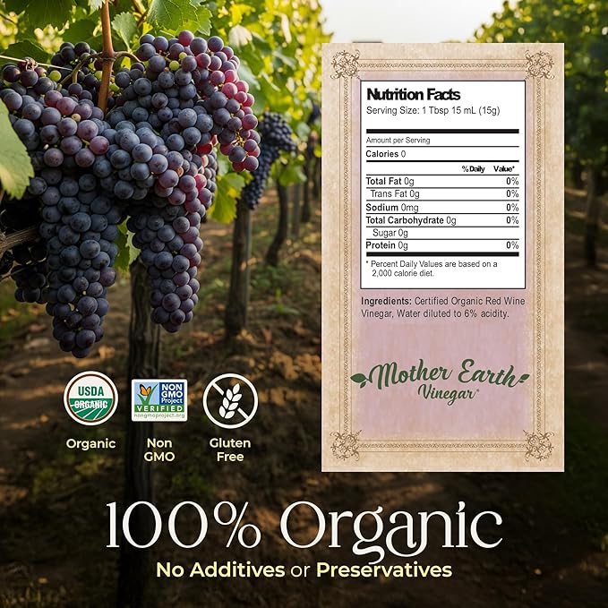 Mother Earth Organic Red Wine Vinegar with The Mother Fresh Pressed Organic Cabernet Grapes ORWV RWV Raw Unpasteurized Unfiltered (1/64oz)