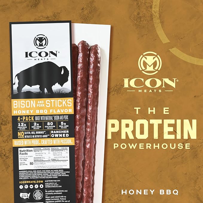 ICON Meats Bison and Pork Snack Sticks Honey BBQ 6 Pack High Protein Snacks 4 Meat Sticks per Pack Low Sugar Gluten Free Natural USDA Inspected Made in the USA Gifts for Him