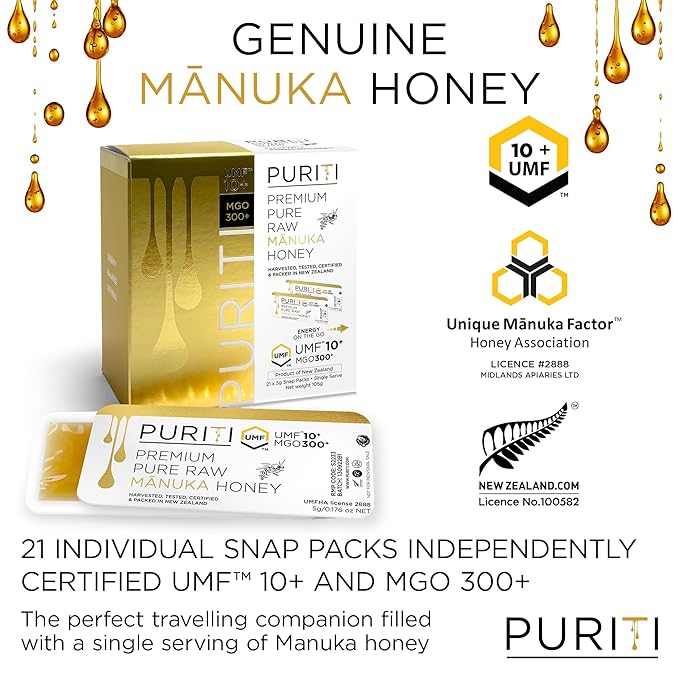 PURITI Genuine Raw Manuka Honey Snaps On The Go - UMF 10+ (MGO300+) 21 x 0.18oz Individual Snap Packets Single Serve Honey Sticks for Tea Travel &amp Snacks Certified Authentic Made in New Zealan