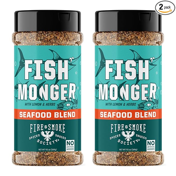 Fire &amp Smoke Society Fish Monger Seafood Seasoning | Fish Seasoning for Snapper Swordfish Tuna Catfish Salmon | BBQ Rubs and Spices | Himalayan Pink Salt Garlic Aromatic Herbs Lemon and Ora