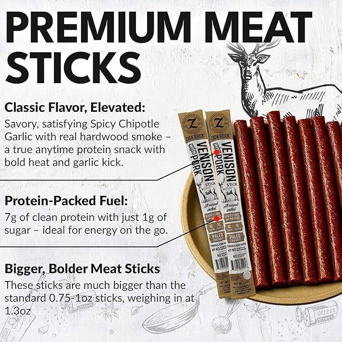 Zick's Venison with Pork Meat Snacks 1.3oz | Premium Game Meat Hardwood Smoked Gluten-Free Paleo Friendly No Hormones or MSG Clean Ingredients Protein Packed Snack Sticks | Ven - 12 Pack