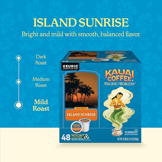 Kauai Coffee K-Cup Pods for Keurig Brewers – Arabica Coffee 10% Hawaiian – Mild Roast Light with Bright Aroma – Island Sunrise 1 Pack of 48 Single Serve K-Cups
