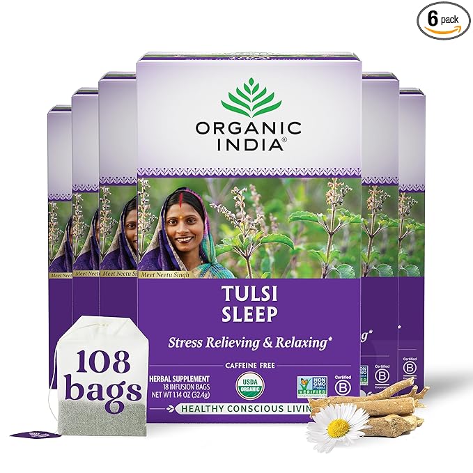 ORGANIC INDIA Tulsi Sleep Herbal Tea - Holy Basil Ashwagandha Chamomile Night Time Tea for Bedtime Stress Relieving &amp Relaxing Immune Support USDA Certified Organic - 18 Infusion Bags 6 Pac