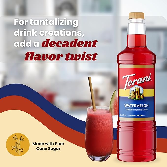 Torani Watermelon Syrup 1 Liter with Pump – Juicy Summer Flavoring for Drinks Cocktails &amp Mocktails – Pure Cane Sugar Natural Flavors BPA-Free Bottle – Refreshing Beverage Syrup