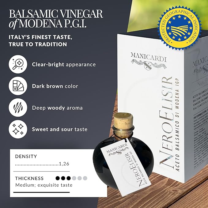 MANICARDI Traditional Balsamic Vinegar of Modena PGI - Black Elisir with Drip-Stop Dispenser Perfect for Snacks Pasta Vegetables Salad Dressings Meat - Made in Italy 8.45 Fl Oz (250 ml)