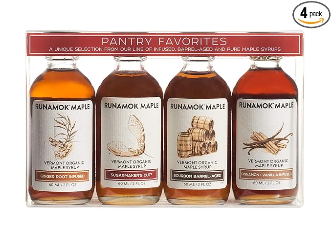 Runamok Organic Vermont Maple Syrup Pantry Favorites Pairing Collection 2 oz (4 count) 60mL Traditional Barrel-aged and Infused Organic Maple Syrup Varieties