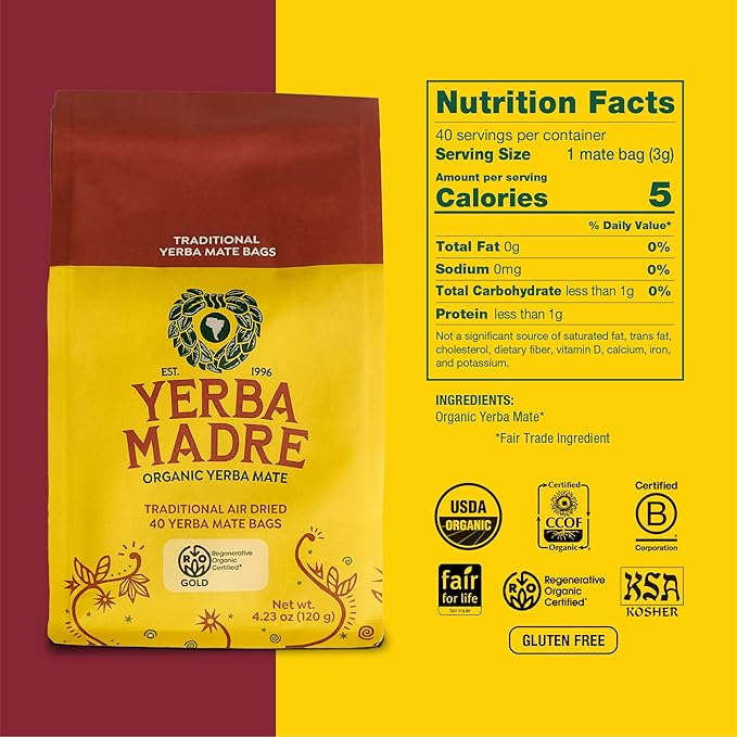 Yerba Madre Organic Yerba Mate Bags 40 Count (Pack of 6)