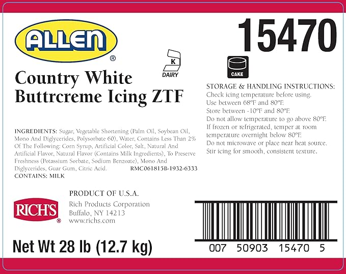 Rich's Allen Country White Buttrcream Icing ZTF 28 Pound (Pack of 1) buttercream frosting for cake decorating cake baking supplies