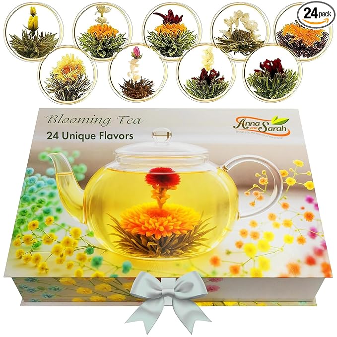 Blooming Tea &amp Edible Flower Infusions Green Tea 24 Unique Flavors Gift Set for Everyone – Natural Floral &amp Aromatic Teas in Extra Large Premium Gift Box