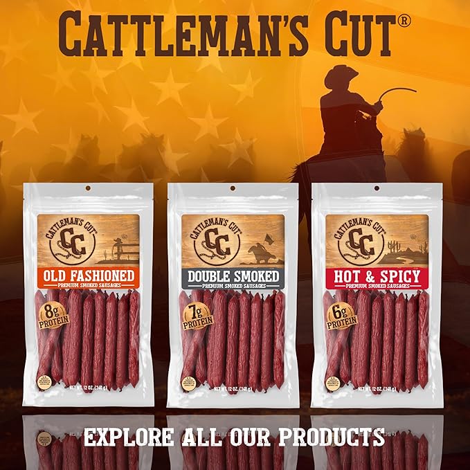 Cattleman's Cut Double Smoked Sausages Meat Sticks Premium Bulk Protein Snacks Keto Friendly Gluten Free Carnivore Travel Snack Individually Wrapped 0.9 Ounce Pack of 20