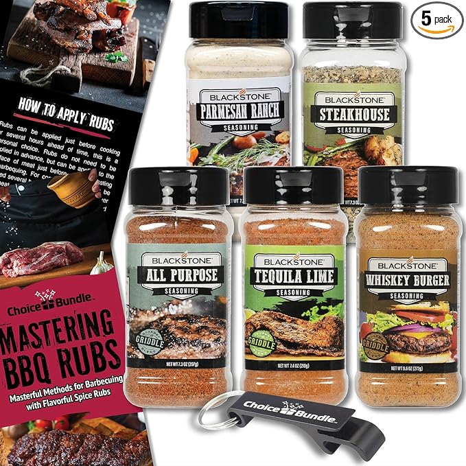 Blackstone Whiskey Burger Steakhouse Tequila Lime All Purpose Parmesan Ranch Premium Barbecue Griddle Seasoning Rub 5 Pk (38.9 oz) + BBQ Masters &amp Opener (7 Items)!