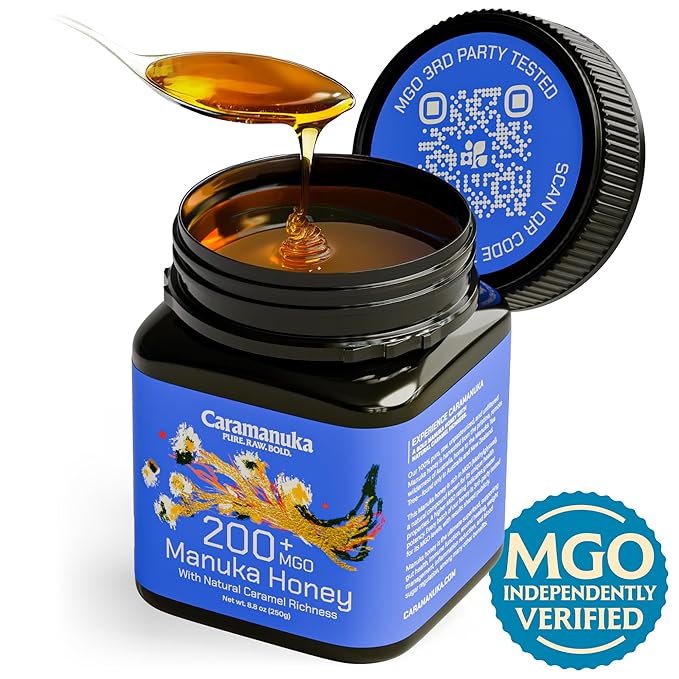 Caramanuka Manuka Honey MGO 200 – 100% Raw &amp Unfiltered Australian Honey Independently Lab-Tested for MGO &amp Glyphosate Bold Caramel-Like Flavor 8.8 oz (250g)
