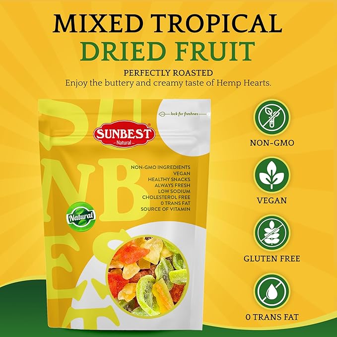Sunbest Natural Tropical Dried Fruit Mix – 3 lb Bulk Bag (48 oz) – Mango Pineapple Papaya Banana &amp Kiwi – Non-GMO Vegan Gluten-Free – Healthy Dried Fruit Snacks Mixed Fruit for Baking &amp
