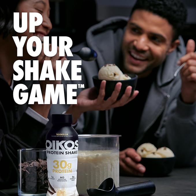 Oikos Protein Shake Chocolate 30g High Protein Drinks Shelf Stable Ready to Drink 5g Prebiotic Fiber 12 fl oz Bottle 12 Count