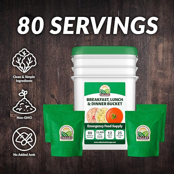 Valley Food Storage 80 Serving Emergency Food Supply Bucket | Breakfast Lunch &amp Dinner Survival Meals | 25 Year Shelf Life Prepper Food for Disaster Preparedness Camping &amp Off-Grid Living