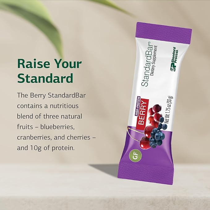 Standard Process StandardBar - Gluten-Free &amp Vegetarian Protein Bar - Whole Food-Based Bar with Blueberries Cranberries &amp Cherries - Offers 10 g of Protein - Berry 18 Bars