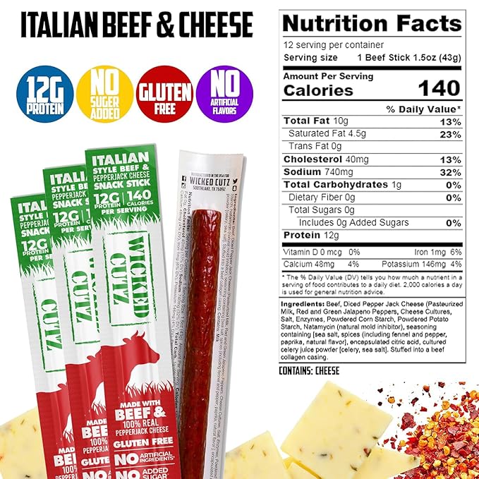 Italian Beef &amp Cheese Sticks 12g Protein Per Beef Stick Tender &amp Juicy Meat Stick with Real Pepper Jack Cheese USA Made High Protein Meat Sticks Carnivore Snacks (12 Pack)
