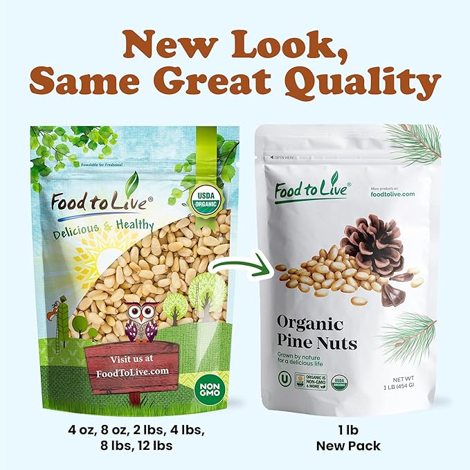 Food to Live Organic Pine Nuts 4 Pounds – Non-GMO Whole Raw Pignolias Unsalted No Shell Vegan Kosher Bulk Snack. Rich in Vitamin E Protein. Great for Pesto Salads Homemade Desserts