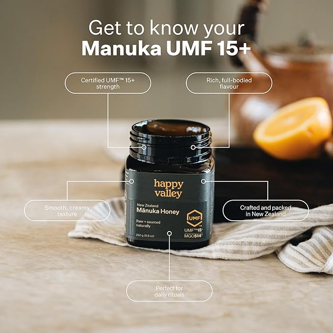 Happy Valley UMF 15+ | MGO 514+ Raw Manuka Honey – Certified UMF Unpasteurized Monofloral 500g / 17.6oz Jar | Traceable from Hive-to-Table Immune Support Skin &amp Daily Wellness – Product of Ne