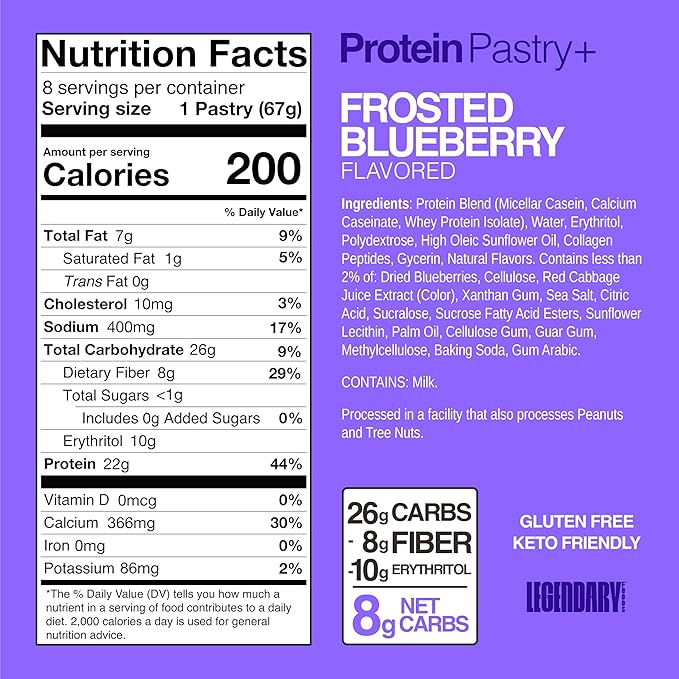 Legendary Foods 22g Protein Pastry 0g Added Sugar Low Carb Gluten Conscious Keto Snack Ideal for Glucose Management Includes Whey Protein Isolate 8 Pack Frosted Blueberry