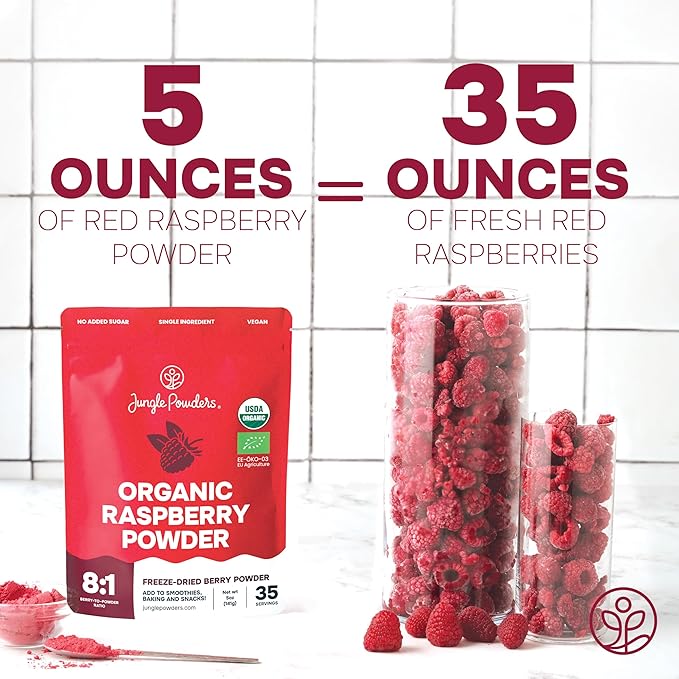 Jungle Powders Organic Raspberry Powder 5 Ounce Bag USDA Organic Freeze Dried Raspberries from Whole Berry for Baking Additive Filler Free Red Superfood Extract Rasberries Smoothies Organic Dehydrat