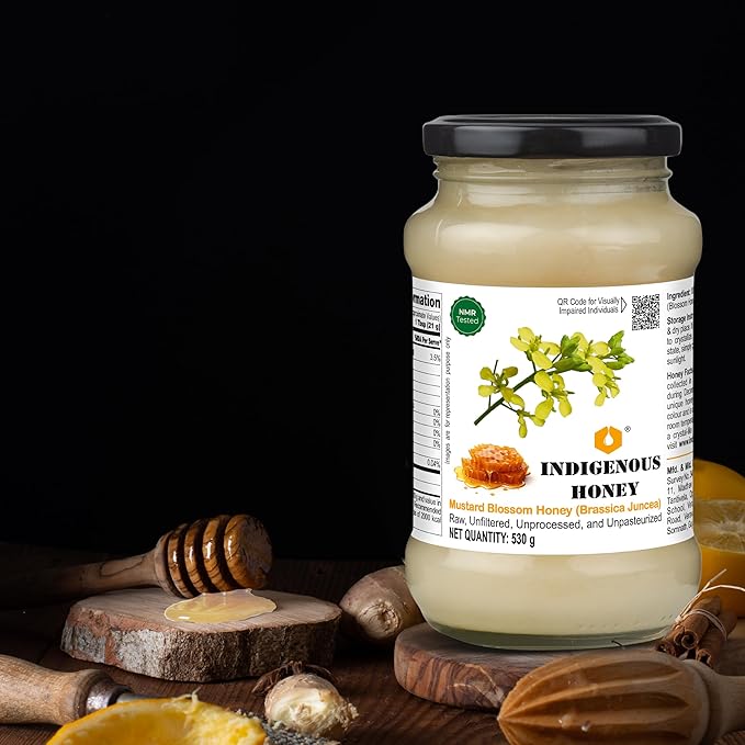 INDIGENOUS HONEY Crystallized Mustard Sarso Honey Raw Natural Pure Unprocessed NMR Tested Unpasteurized Unheated 530g Glass Jar Pack of 1