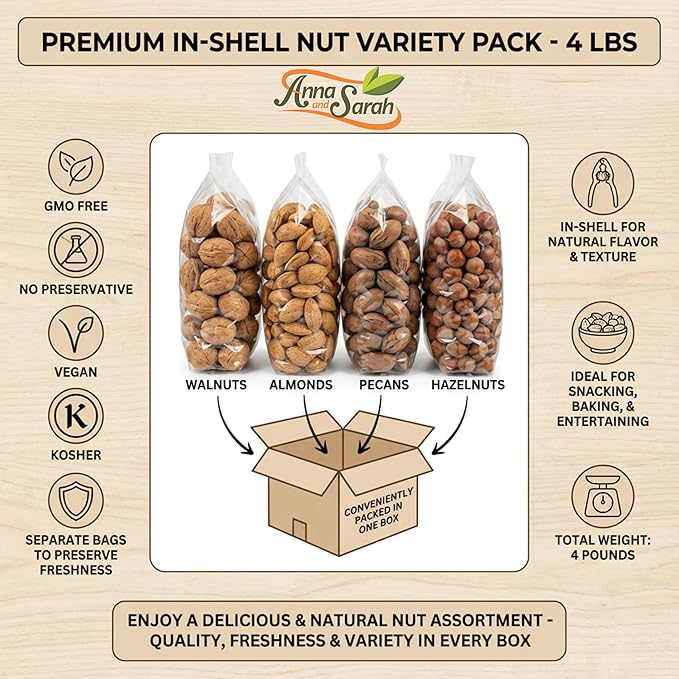 Premium In-Shell Nut Variety Pack 4 lbs Mixed Nuts in Shell Walnut Almond Pecan &amp Hazelnut Separate Bags Packed in One Box Fresh Whole Nuts