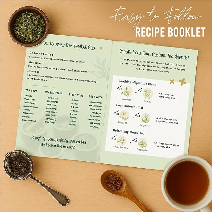 Loose Leaf Tea Sampler - Tea Gift Set Box – 8 Unique Flavors with Stainless Steel Infuser | Vanilla Chai Jasmine Lemon Honey &amp More | Tea Gift Set for Women and Men - Set of 9 - Valentine Gifts