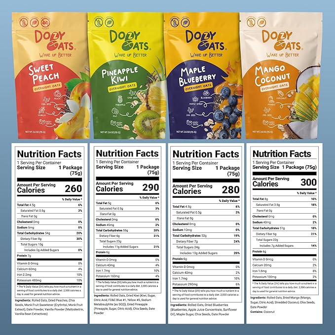 Dozy Oats Overnight Oatmeal Packets Fruity Faves Variety Box with Rolled Oats Chia Seeds Date Powder and Dried Fruit. Gluten-Free Natural Source of Protein and Fiber 8-Pack and Jar