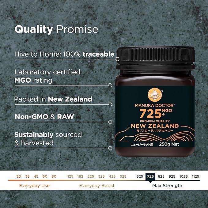 Manuka Doctor - MGO 725+ Manuka Honey Monofloral 100% Pure New Zealand Honey. Certified. Guaranteed. Raw. Non-GMO (8.75 oz)