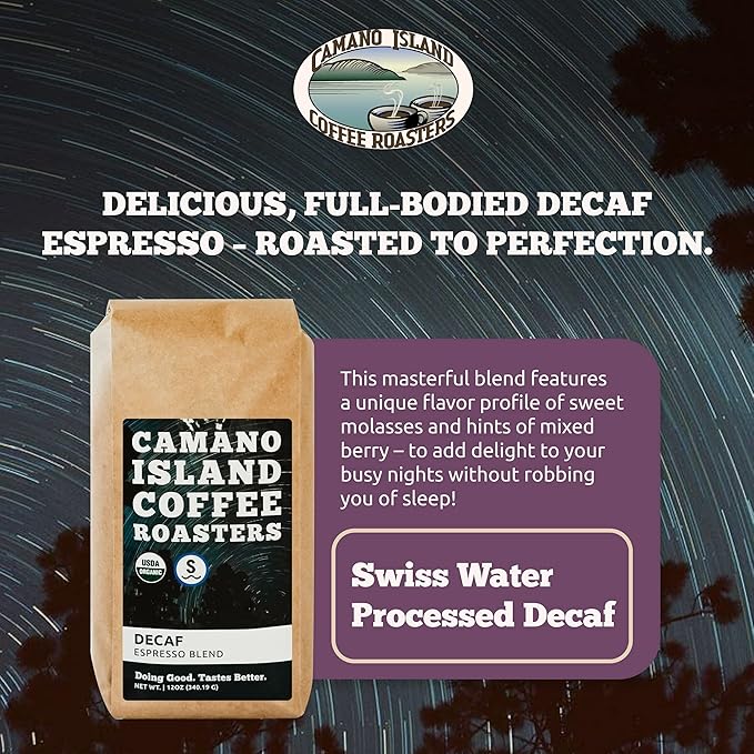 Camano Island Coffee Roasters Decaf Espresso Blend Whole Bean 12oz Fresh Dark Roast Swiss Water Processed USDA Organic Fairly Traded Shade Grown Top 1% Arabica Sweet Molasses Mixed Berry Flavor
