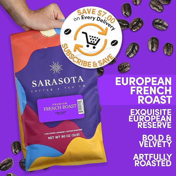 Sarasota Coffee Whole Bean Cubano European French Roast | Dark Roast Gourmet Coffee Beans | Low Acid Mold Free Specialty Grade Bulk Coffee Beans | 5lb (80 oz)