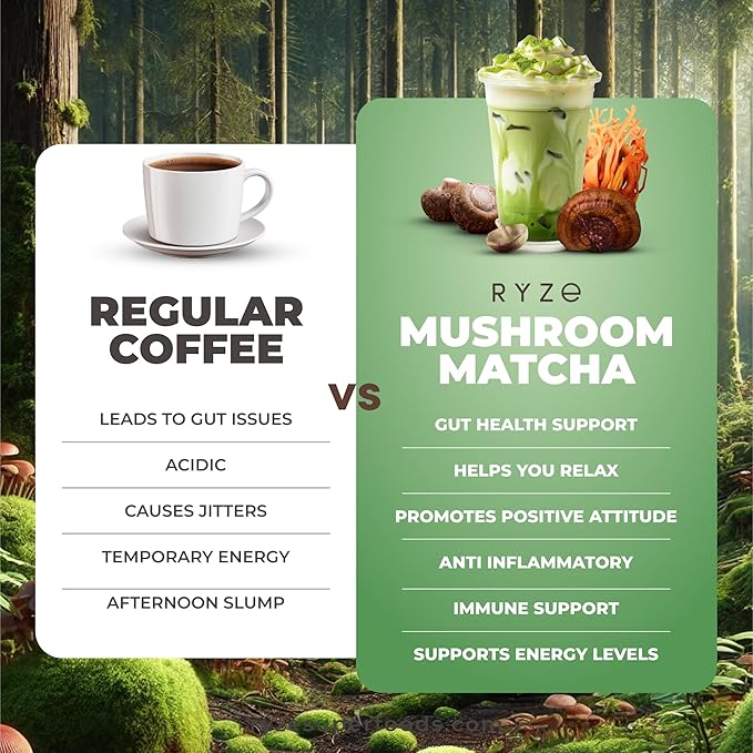 RYZE SUPERFOODS Mushroom Matcha Starter Kit USDA Organic with 6 Adaptogenic Mushrooms and Ceremonial-Grade Matcha Energy Focus Digestion Immunity with Turkey Tail Shiitake Reishi 60 servings
