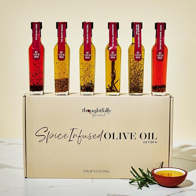 Thoughtfully Gourmet Spice Infused Olive Oil Gift Set Premium Extra-Virgin Olive Oil from Spain Flavors Include Chili Rosemary Lemon Spicy Garlic Herbes de Provence and Tuscan Set of 6