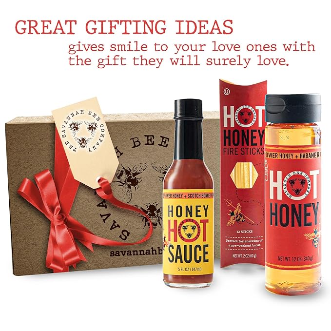 Savannah Bee Company Hot Honey Box Gift Set - Award-Winning Honey Collection - Includes Hot Honey Sauce and Fire Sticks - Perfect Gourmet Gift for Spice Lovers