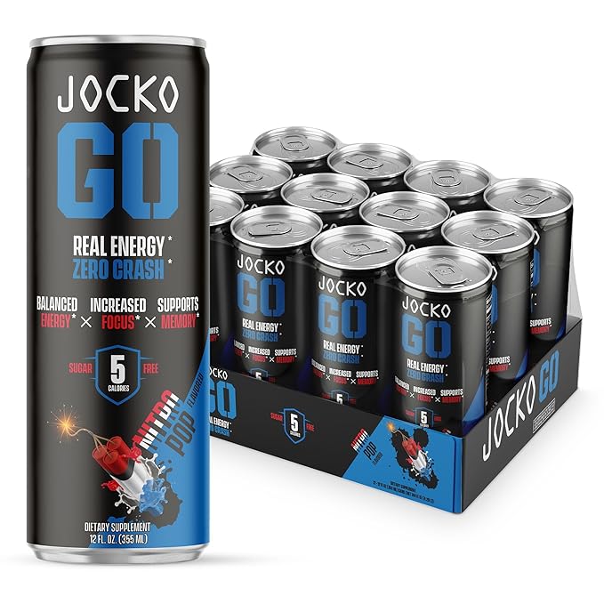 Jocko GO Energy Drink - Keto Vitamin B12 Vitamin B6 Electrolytes L Theanine Magnesium- Energy Boost Sugar Free Nootropic Monk Fruit Blend - 12 Pack (Nitro Pop)