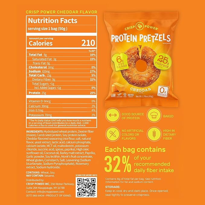 CRISP POWER Protein Pretzels NEW Cheddar 25G Protein High Protein Snack High Fiber Low Carb Crunchy Pretzel Snacks No Added Sugar 1.75 oz Bags 6 Pack Vegan Keto