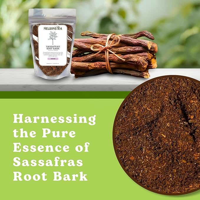 Nelson’s Tea - Sassafras Root Bark Ground - Caffeine Free - Aromatic Sassafras Albidum - Freshly Packed in a Resealable Bag for Lasting Freshness (2oz)