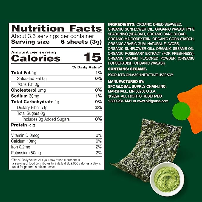 Bibigo Wasabi Flavor Seaweed Snack Non GMO Gluten Free 0.35 Ounces (Pack Of 12)