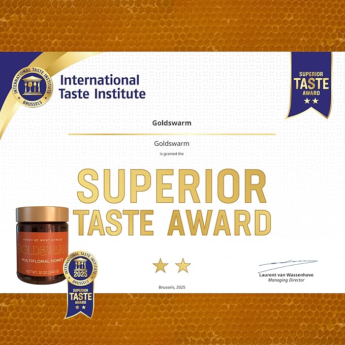 Goldswarm Premium Raw Honey – Pure &amp 100% Natural Multifloral Honey from West Africa Award-Winning Taste 2025 Non-GMO Traceable from Hive to Hand (12 oz Jar)