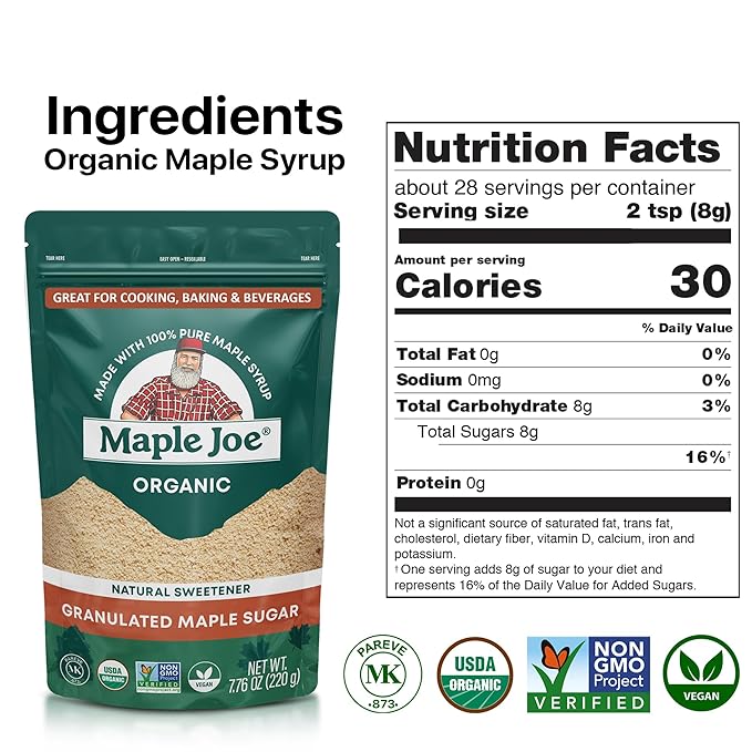 Maple Joe Pure Maple Sugar Granulated Made With 100% Grade A Maple Syrup. Powdered Maple Sugar For Cooking &amp Baking. White &amp Brown Sugar Substitute. Non-GMO Gluten Free &amp Vegan 7.8 oz /220