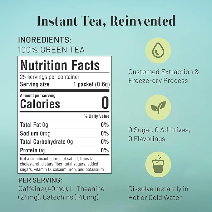 CHAYEAH Craft Instant Green Tea Quick Brew Tea Crystals No Sugar Natural Caffeine Hot or Cold (25 Packets)