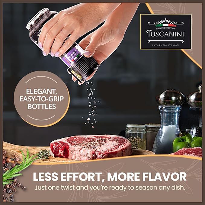 Tuscanini Premium Spice Grinder Variety Pack 6 Pack | Freshly Ground Seasonings | Product of Italy | Black Pepper Peppercorn Italian Medley Chili Flakes Garlic Flakes and Chili &amp Garlic Blen