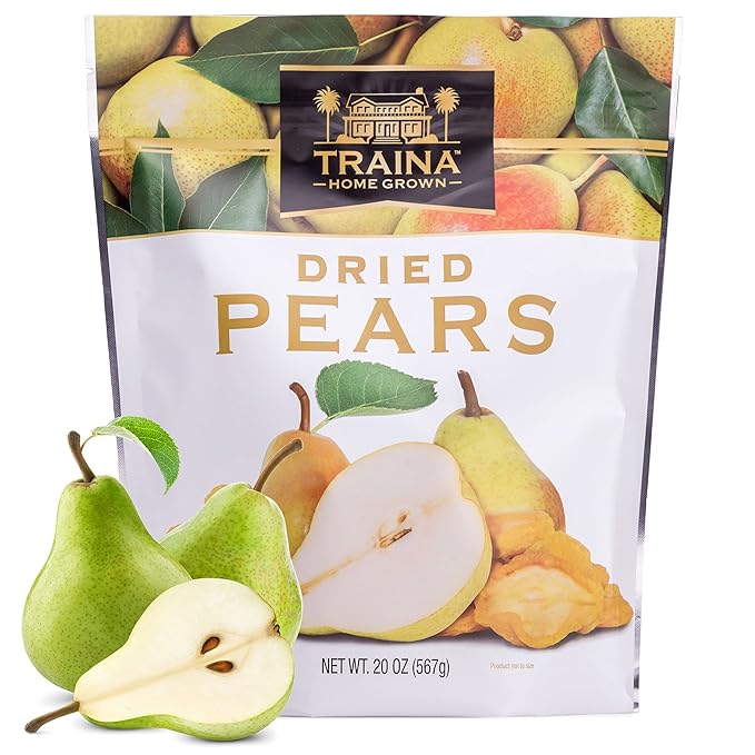 Traina Home Grown Sun Dried Pears - Healthy &amp Non-GMO Natural Sweet Flavor Fruit No Sugar Added Perfect Snack In Resealable Pouch (20 Oz)