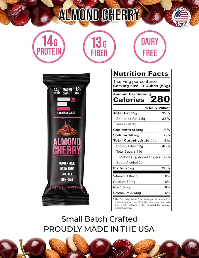 E3 Energy Cubes- Almond Cherry Refrigerated Protein Bars - (66g) 14g Protein | 13g Fiber | Gluten Free Dairy Free Soy Free Non-GMO No Artificial Ingredients Macro Smart Prebiotic Fiber Rich | Ma