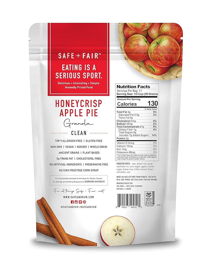 Safe + Fair Honeycrisp Apple Pie Granola – Gluten-Free Vegan &amp Plant-Based Snack with Real Honeycrisp Apples Whole Grains Non-GMO Kosher No Preservatives - 12oz 6 Pack