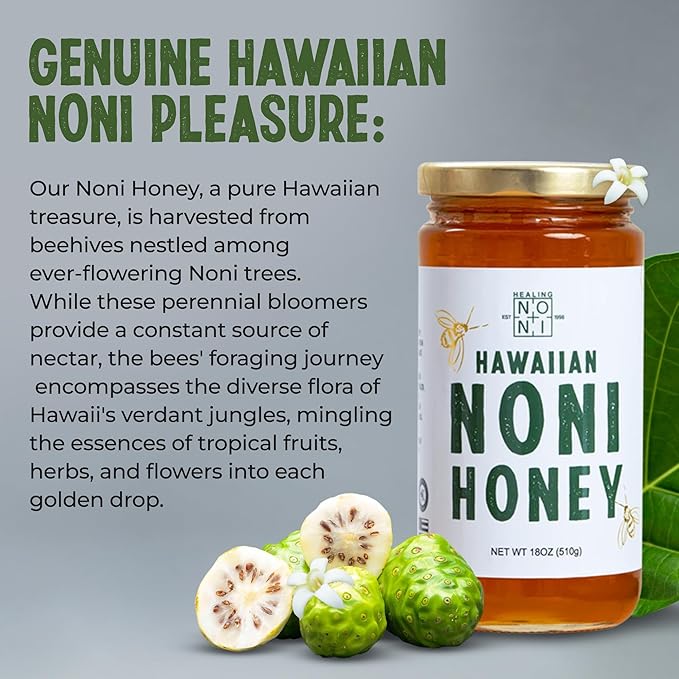 Healing Noni - Hawaiian Honey - Farm Direct - 12-Pack Glass Jar 18oz